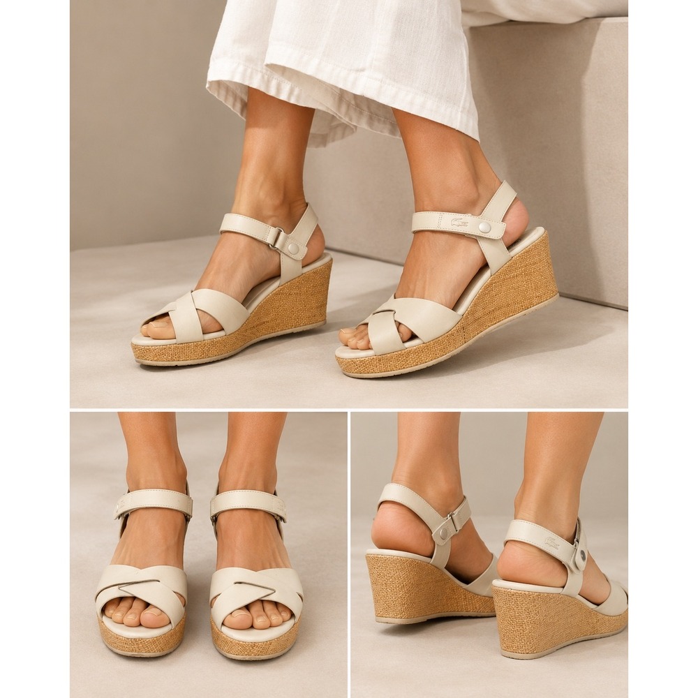 LACOSTE Maddie Leather Wedge White Strap Sandal EU 37 US 6 Summer